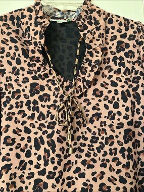 Jade Tan Leopard Print Ruffle Neck Blouse  Sz S